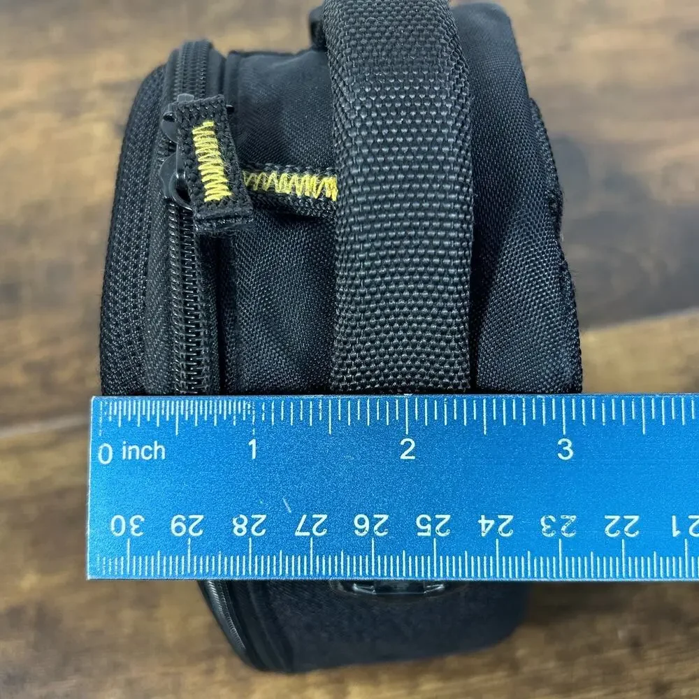 Case Logic Small Camera Bag 6” x 5” x 3” Black Yellow Belt carry Tilt Open